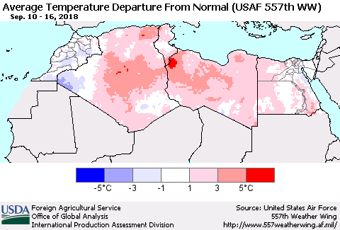 North Africa Average Temperature Departure from Normal (USAF 557th WW) Thematic Map For 9/10/2018 - 9/16/2018