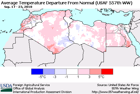 North Africa Average Temperature Departure from Normal (USAF 557th WW) Thematic Map For 9/17/2018 - 9/23/2018