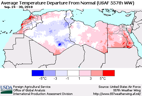 North Africa Average Temperature Departure from Normal (USAF 557th WW) Thematic Map For 9/24/2018 - 9/30/2018