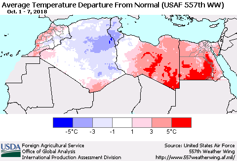 North Africa Average Temperature Departure from Normal (USAF 557th WW) Thematic Map For 10/1/2018 - 10/7/2018