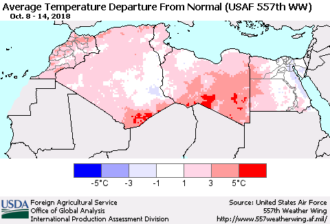 North Africa Average Temperature Departure from Normal (USAF 557th WW) Thematic Map For 10/8/2018 - 10/14/2018