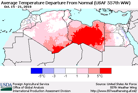 North Africa Average Temperature Departure from Normal (USAF 557th WW) Thematic Map For 10/15/2018 - 10/21/2018