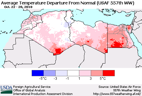 North Africa Average Temperature Departure from Normal (USAF 557th WW) Thematic Map For 10/22/2018 - 10/28/2018