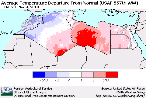 North Africa Average Temperature Departure from Normal (USAF 557th WW) Thematic Map For 10/29/2018 - 11/4/2018