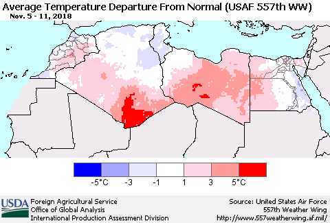 North Africa Average Temperature Departure from Normal (USAF 557th WW) Thematic Map For 11/5/2018 - 11/11/2018