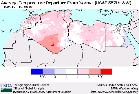 North Africa Average Temperature Departure from Normal (USAF 557th WW) Thematic Map For 11/12/2018 - 11/18/2018
