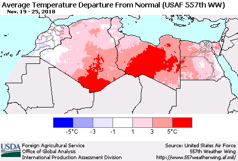 North Africa Average Temperature Departure from Normal (USAF 557th WW) Thematic Map For 11/19/2018 - 11/25/2018