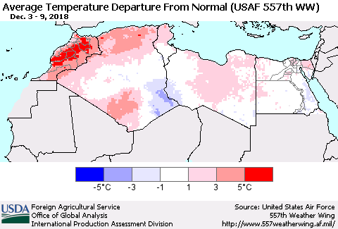 North Africa Average Temperature Departure from Normal (USAF 557th WW) Thematic Map For 12/3/2018 - 12/9/2018