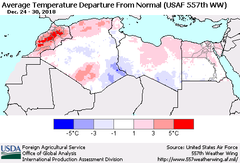 North Africa Average Temperature Departure from Normal (USAF 557th WW) Thematic Map For 12/24/2018 - 12/30/2018