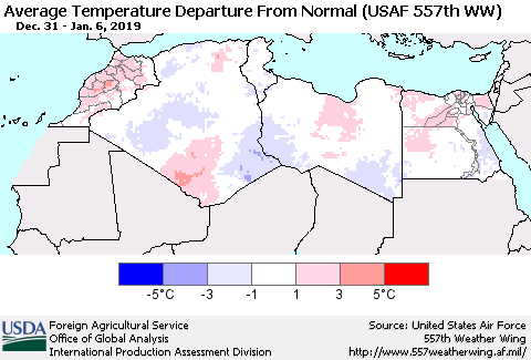 North Africa Average Temperature Departure from Normal (USAF 557th WW) Thematic Map For 12/31/2018 - 1/6/2019
