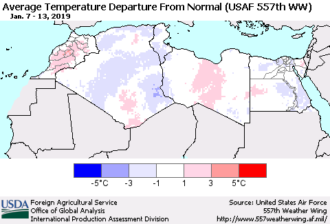 North Africa Average Temperature Departure from Normal (USAF 557th WW) Thematic Map For 1/7/2019 - 1/13/2019