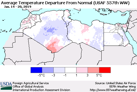 North Africa Average Temperature Departure from Normal (USAF 557th WW) Thematic Map For 1/14/2019 - 1/20/2019
