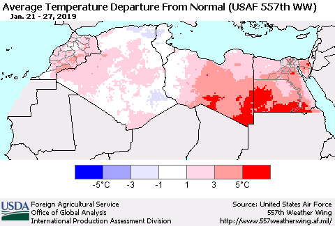 North Africa Average Temperature Departure from Normal (USAF 557th WW) Thematic Map For 1/21/2019 - 1/27/2019