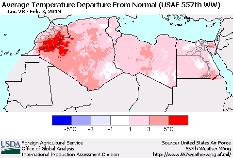 North Africa Average Temperature Departure from Normal (USAF 557th WW) Thematic Map For 1/28/2019 - 2/3/2019