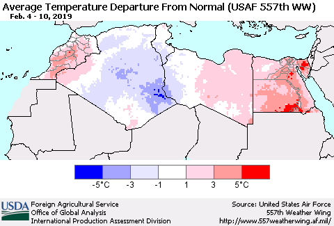 North Africa Average Temperature Departure from Normal (USAF 557th WW) Thematic Map For 2/4/2019 - 2/10/2019