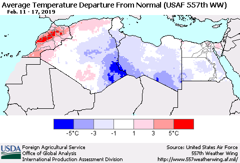North Africa Average Temperature Departure from Normal (USAF 557th WW) Thematic Map For 2/11/2019 - 2/17/2019