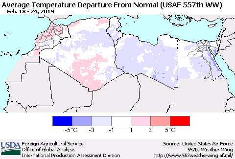 North Africa Average Temperature Departure from Normal (USAF 557th WW) Thematic Map For 2/18/2019 - 2/24/2019
