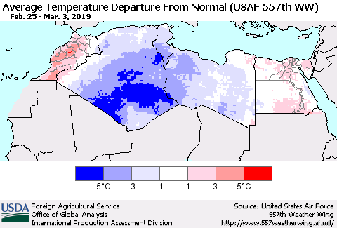 North Africa Average Temperature Departure from Normal (USAF 557th WW) Thematic Map For 2/25/2019 - 3/3/2019