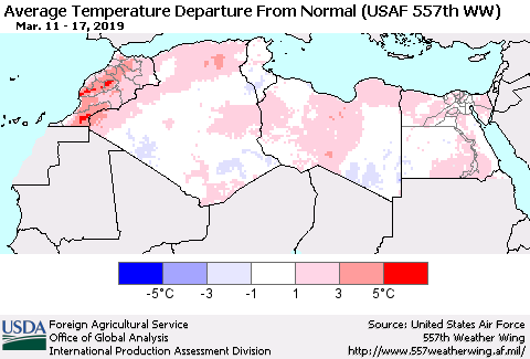 North Africa Average Temperature Departure from Normal (USAF 557th WW) Thematic Map For 3/11/2019 - 3/17/2019