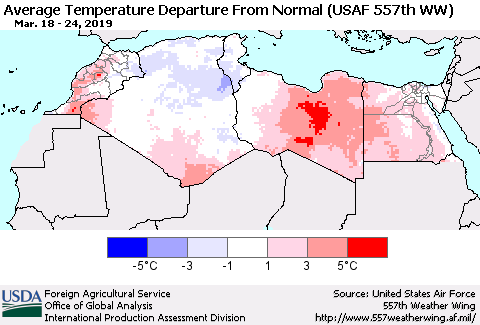 North Africa Average Temperature Departure from Normal (USAF 557th WW) Thematic Map For 3/18/2019 - 3/24/2019