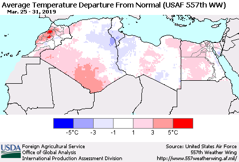 North Africa Average Temperature Departure from Normal (USAF 557th WW) Thematic Map For 3/25/2019 - 3/31/2019