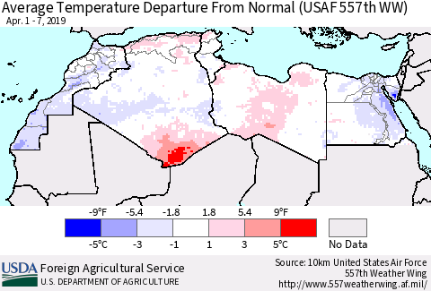 North Africa Average Temperature Departure from Normal (USAF 557th WW) Thematic Map For 4/1/2019 - 4/7/2019