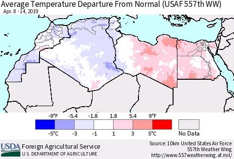 North Africa Average Temperature Departure from Normal (USAF 557th WW) Thematic Map For 4/8/2019 - 4/14/2019
