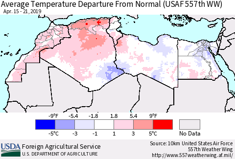 North Africa Average Temperature Departure from Normal (USAF 557th WW) Thematic Map For 4/15/2019 - 4/21/2019
