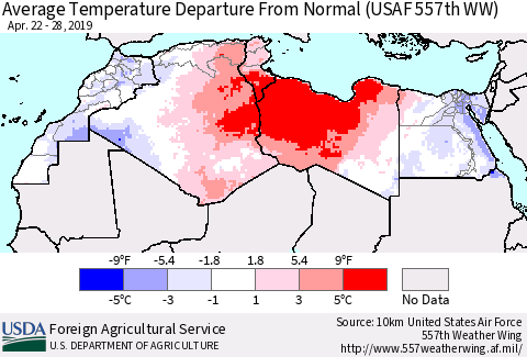 North Africa Average Temperature Departure from Normal (USAF 557th WW) Thematic Map For 4/22/2019 - 4/28/2019