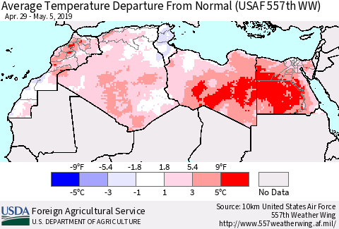 North Africa Average Temperature Departure from Normal (USAF 557th WW) Thematic Map For 4/29/2019 - 5/5/2019