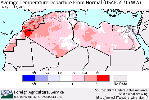 North Africa Average Temperature Departure from Normal (USAF 557th WW) Thematic Map For 5/6/2019 - 5/12/2019