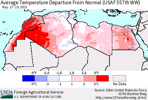 North Africa Average Temperature Departure from Normal (USAF 557th WW) Thematic Map For 5/13/2019 - 5/19/2019