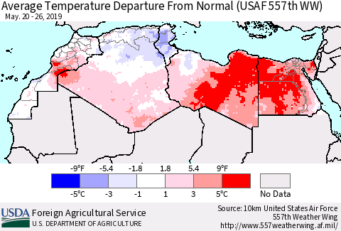 North Africa Average Temperature Departure from Normal (USAF 557th WW) Thematic Map For 5/20/2019 - 5/26/2019