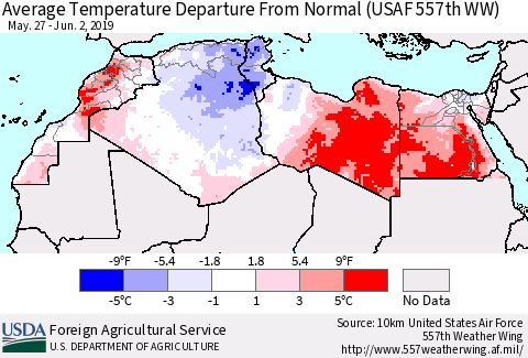 North Africa Average Temperature Departure from Normal (USAF 557th WW) Thematic Map For 5/27/2019 - 6/2/2019