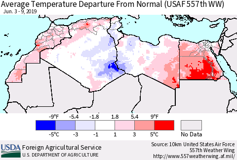 North Africa Average Temperature Departure from Normal (USAF 557th WW) Thematic Map For 6/3/2019 - 6/9/2019