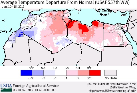 North Africa Average Temperature Departure from Normal (USAF 557th WW) Thematic Map For 6/10/2019 - 6/16/2019