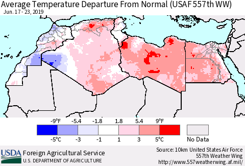 North Africa Average Temperature Departure from Normal (USAF 557th WW) Thematic Map For 6/17/2019 - 6/23/2019