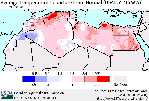 North Africa Average Temperature Departure from Normal (USAF 557th WW) Thematic Map For 6/24/2019 - 6/30/2019