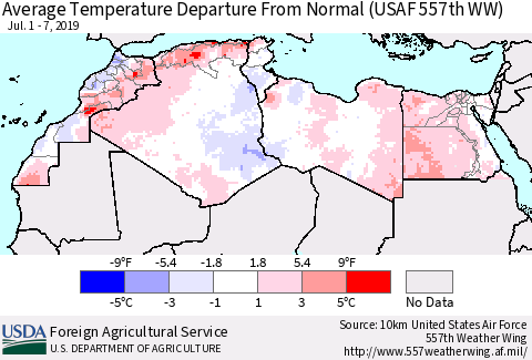 North Africa Average Temperature Departure from Normal (USAF 557th WW) Thematic Map For 7/1/2019 - 7/7/2019