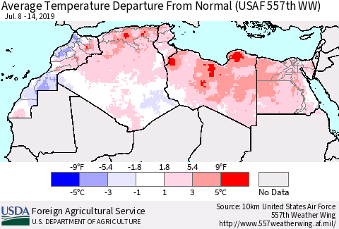 North Africa Average Temperature Departure from Normal (USAF 557th WW) Thematic Map For 7/8/2019 - 7/14/2019