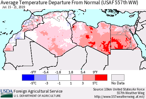 North Africa Average Temperature Departure from Normal (USAF 557th WW) Thematic Map For 7/15/2019 - 7/21/2019