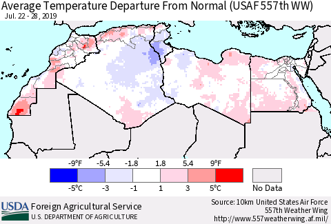 North Africa Average Temperature Departure from Normal (USAF 557th WW) Thematic Map For 7/22/2019 - 7/28/2019