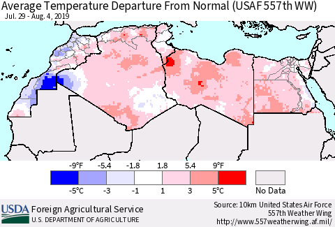 North Africa Average Temperature Departure from Normal (USAF 557th WW) Thematic Map For 7/29/2019 - 8/4/2019