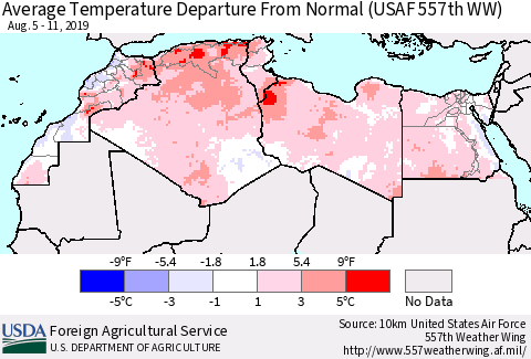 North Africa Average Temperature Departure from Normal (USAF 557th WW) Thematic Map For 8/5/2019 - 8/11/2019