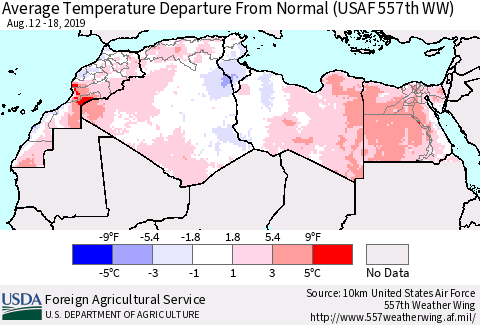 North Africa Average Temperature Departure from Normal (USAF 557th WW) Thematic Map For 8/12/2019 - 8/18/2019