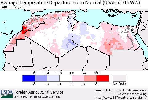 North Africa Average Temperature Departure from Normal (USAF 557th WW) Thematic Map For 8/19/2019 - 8/25/2019