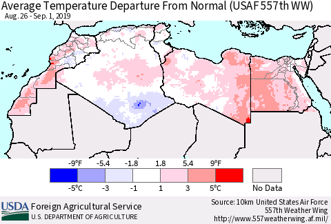North Africa Average Temperature Departure from Normal (USAF 557th WW) Thematic Map For 8/26/2019 - 9/1/2019