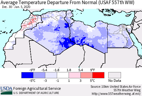 North Africa Average Temperature Departure from Normal (USAF 557th WW) Thematic Map For 12/30/2019 - 1/5/2020