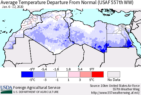 North Africa Average Temperature Departure from Normal (USAF 557th WW) Thematic Map For 1/6/2020 - 1/12/2020