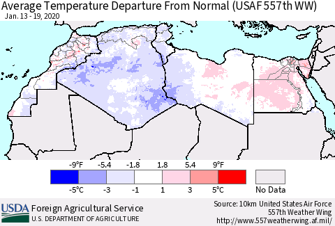 North Africa Average Temperature Departure from Normal (USAF 557th WW) Thematic Map For 1/13/2020 - 1/19/2020